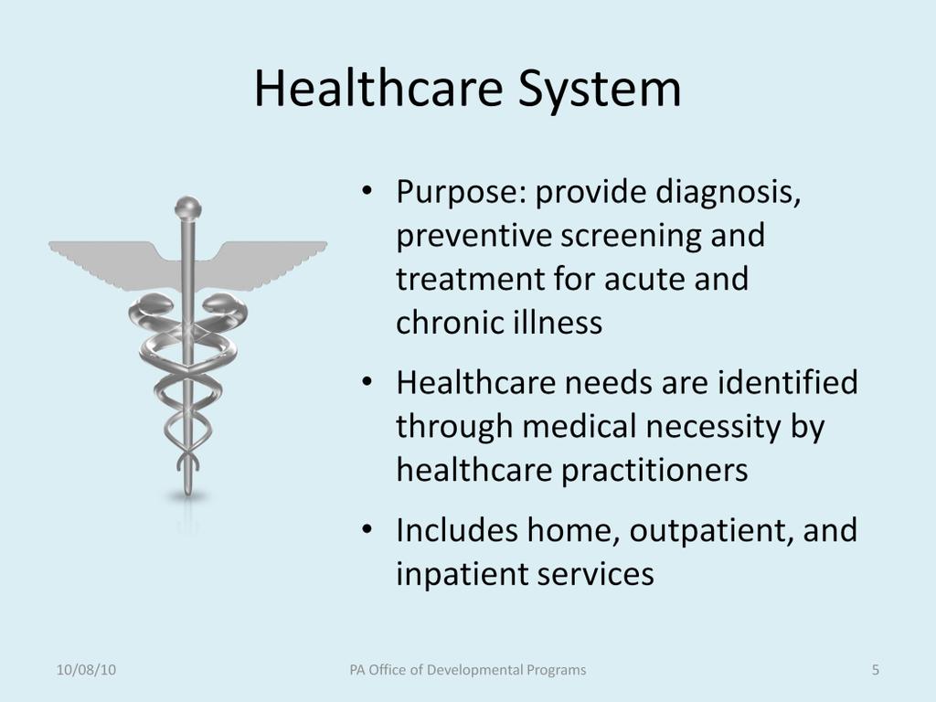 First, we ll discuss the healthcare system. The purpose of the healthcare system is to provide diagnosis, preventive screening and treatment for acute and chronic illness.