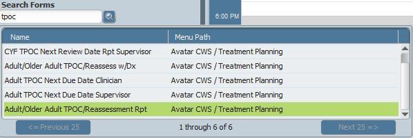 Printing the Treatment Plan of Care You can search through the menus for this form, or just search for it by name.