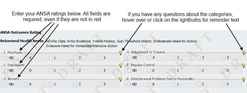 Enter a score for every single field. Every field is in red, even if it is not required (this allows you to save in draft without finishing the entire treatment plan.