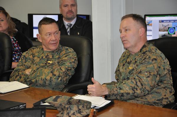 Marine Corps Deputy Commandant for Aviation Jon Dog Davis and Brig. Gen. Greg Masiello, Commander for Logistics and Industrial Operations, Naval Air Systems Command (AIR-6.