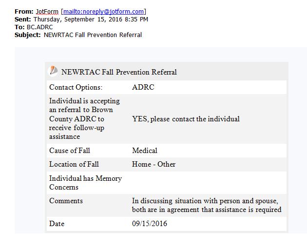 How ADRC BC is notified of Referral Receipt generated to ADRC general email Bc.adrc@co.brown.