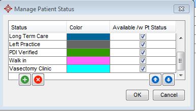 Creating New Statuses Steps to Add a new Status 1. Select a Test Patient. 2. Press F8 to open the Patient Status History window. 3. Click on the pencil icon to open the Manage Patient Status window.