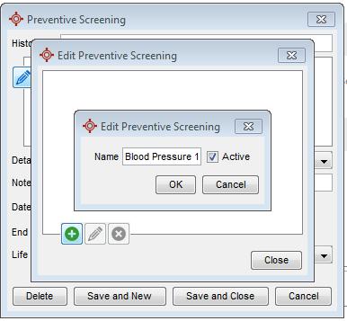 Steps to Add Screening Maneuvers to Medical History Bands (MHB) 1. Click on the Green Plus sign in the custom MHB This will open the Preventive Screening configuration window 2.