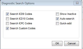 5. This opens the Diagnostic Search Option window. Ensure the Search Custom Codes checkbox is checked and click OK.