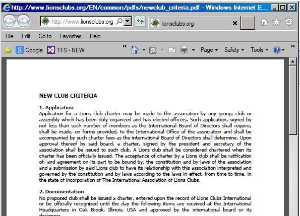 New Club Criteria Form link to display a pdf of the New Club Criteria 2.
