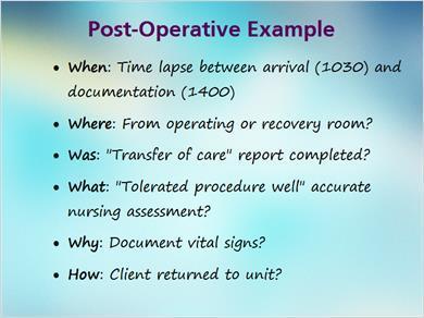 1.16 Post-Op Improvement JILL: Here are some ways that this documentation can be improved. Mark, do you want to talk about improvements shown on this slide? MARK: Okay.