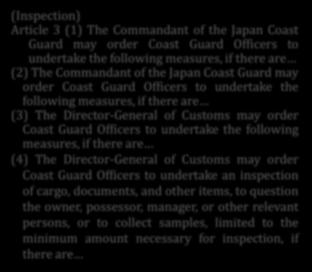 Officers to undertake the following measures, if there are (4) The Director-General of Customs may order Coast Guard Officers to undertake an inspection of cargo, documents, and other items, to