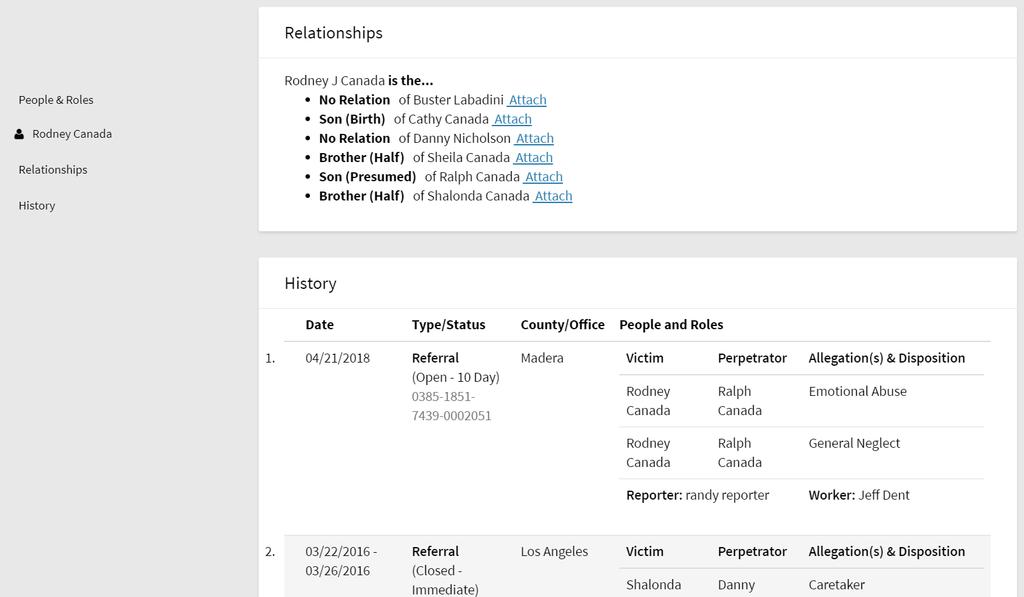 Displays known relationships for people added to Snapshot, including Parent Type Number the referrals