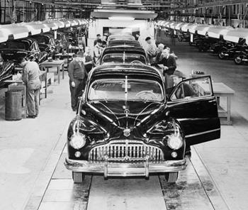 POST WWII AMERICA Ford's mass production system failed to incorporate the notion of "pull production" and thus often suffered from
