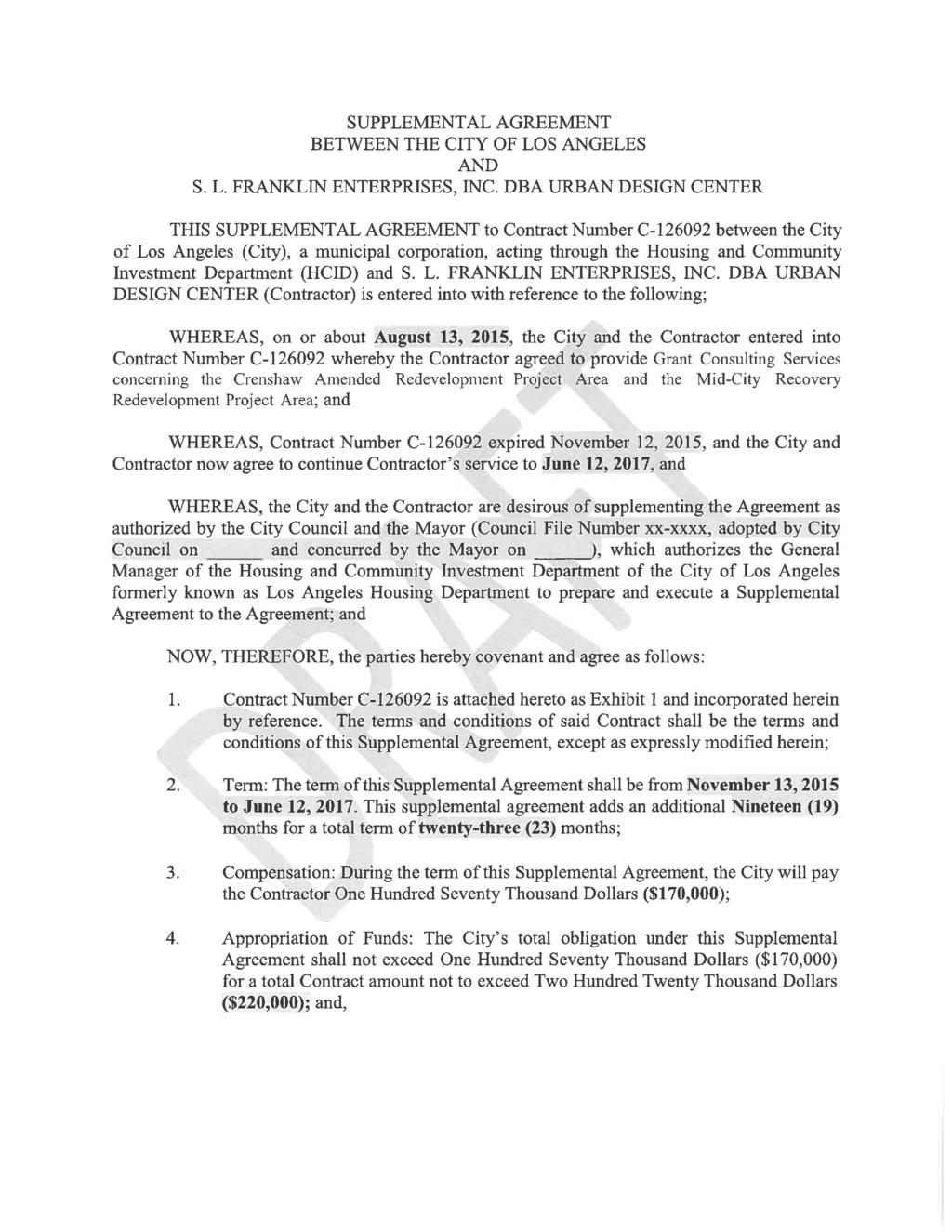 SUPPLEMENTAL AGREEMENT BETWEEN THE CITY OF LOS ANGELES AND S. L. FRANKLIN ENTERPRISES, INC.