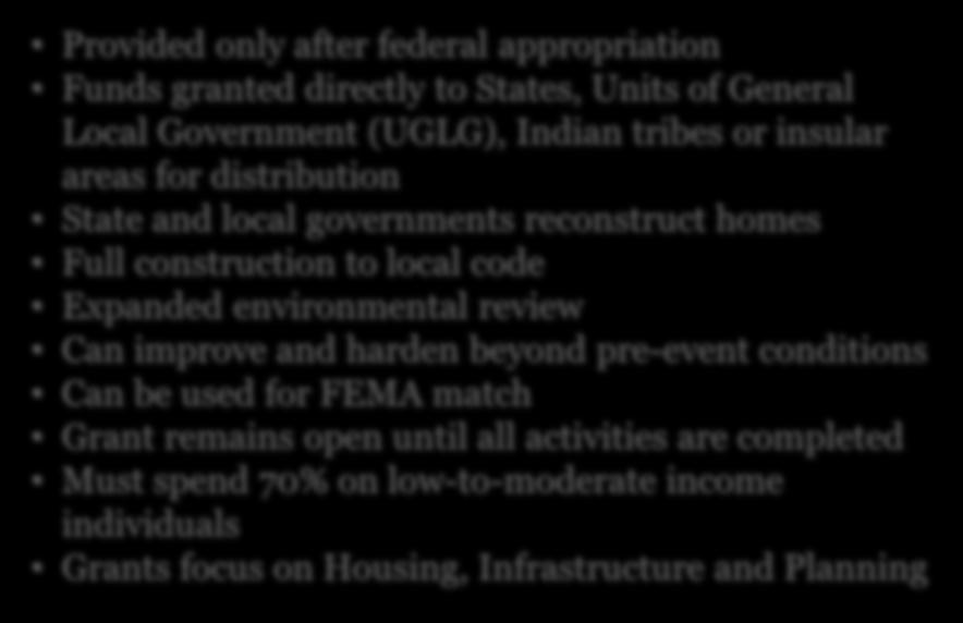 Programs funded by FEMA Programs administered by GLO Provides partial repairs or temporary housing Minimal