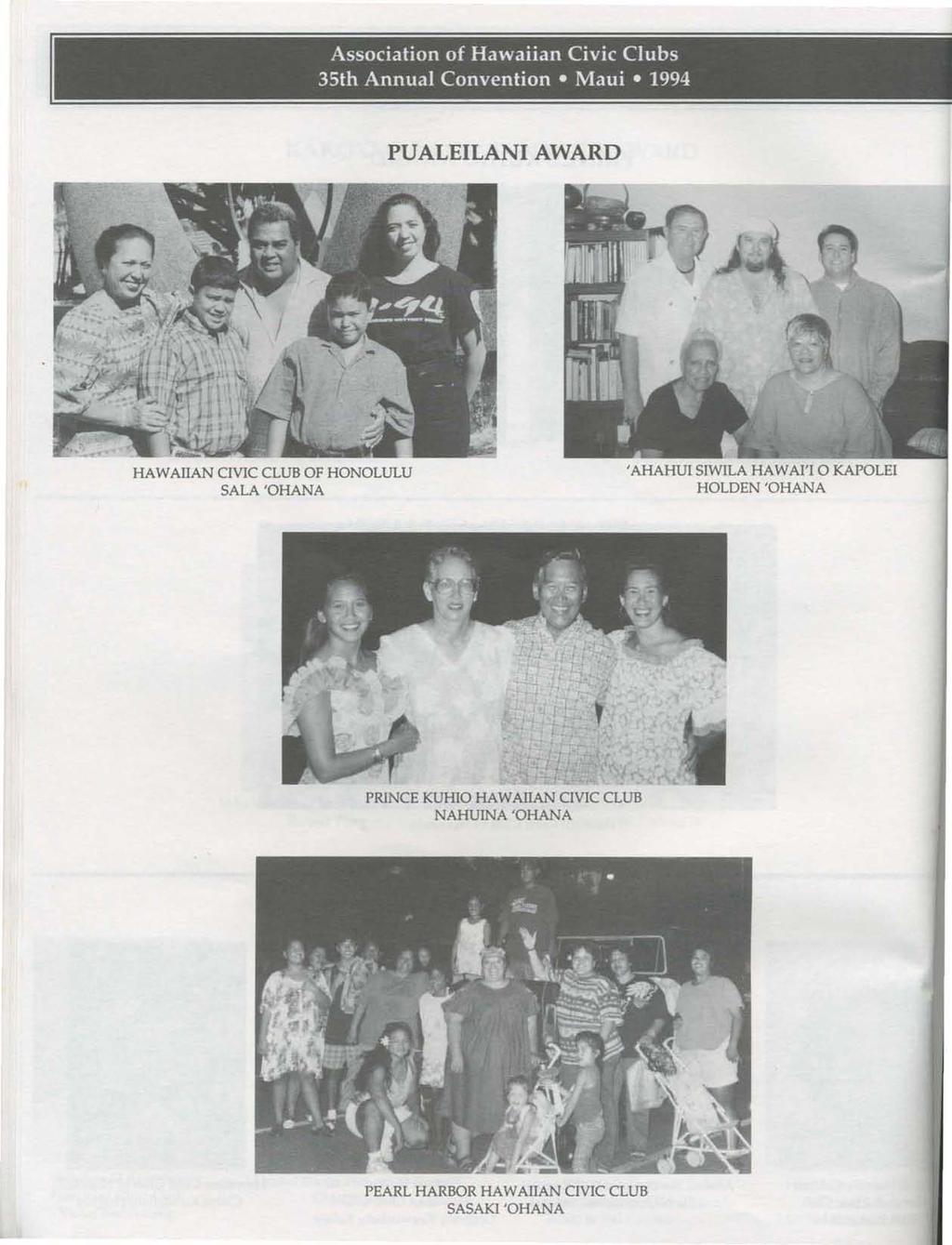 Association of Hawaiian Civic Clubs 35th Annual Convention Maui 1994 PUALEILANI AWARD HAWAIIAN CIVIC CLUB OF HONOLULU SALA