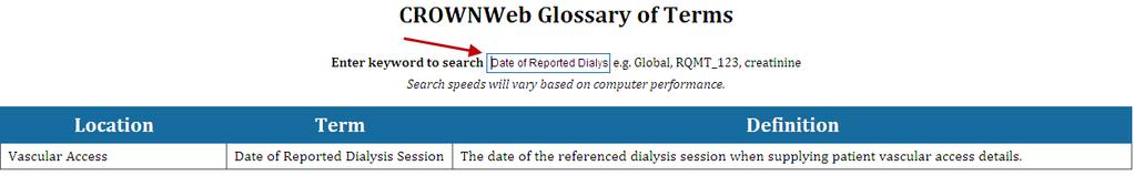 Glossary will automatically filter the list of terms.