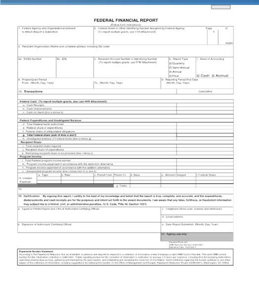 REPORTING REQUIREMENTS Standard Form (SF) 425 AVAILABLE FOR DOWNLOAD: http://www.whitehouse.gov/sites/default/files/o mb/assets/grants_forms/sf 425.