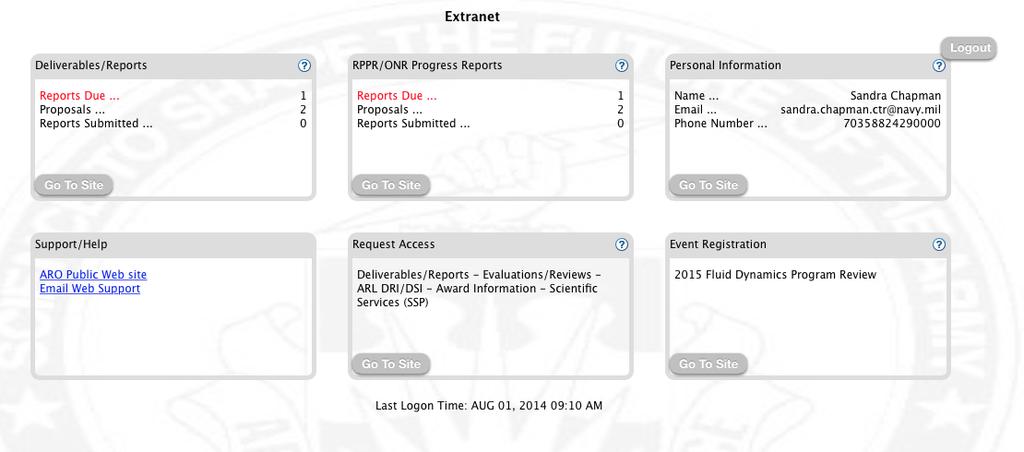 2. Progress Report Navigation Once you successfully logon the system (see Accessing the Extranet), you should access the RPPR/ONR Progress Reports pod by clicking the Go to Site button (see below):