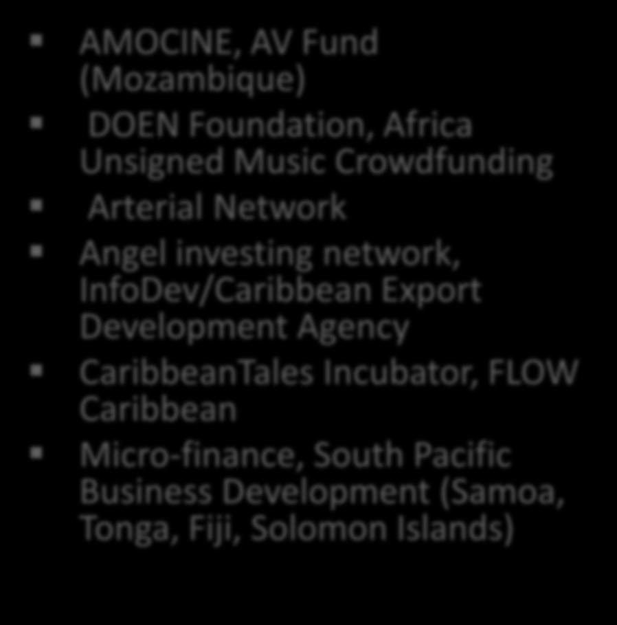 Case Studies: AMOCINE, AV Fund (Mozambique) DOEN Foundation, Africa Unsigned Music Crowdfunding Arterial Network Angel investing network,