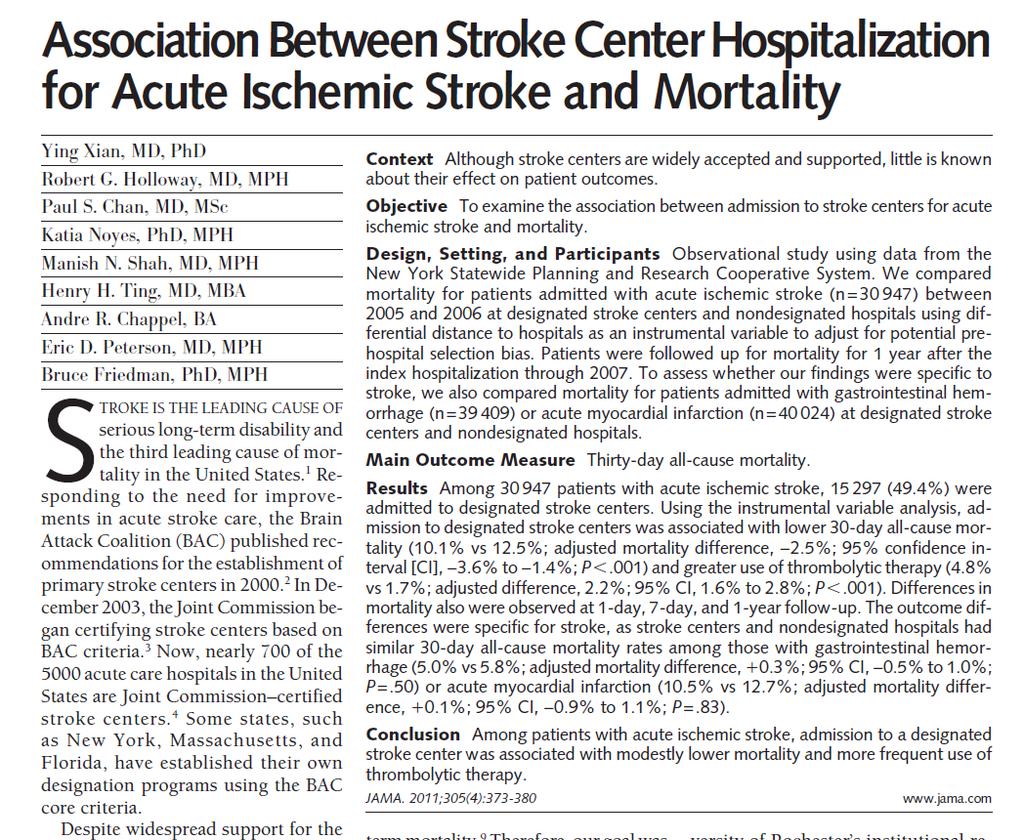 Study published in JAMA shows that Designated Stroke Centers have lower
