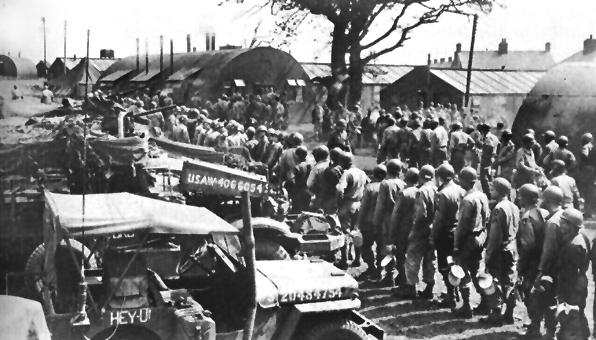 Soldiers in mess line in one of the