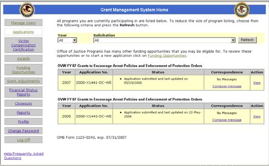#3 or GMS.HelpDesk@usdoj.gov. Applications Screen 1.