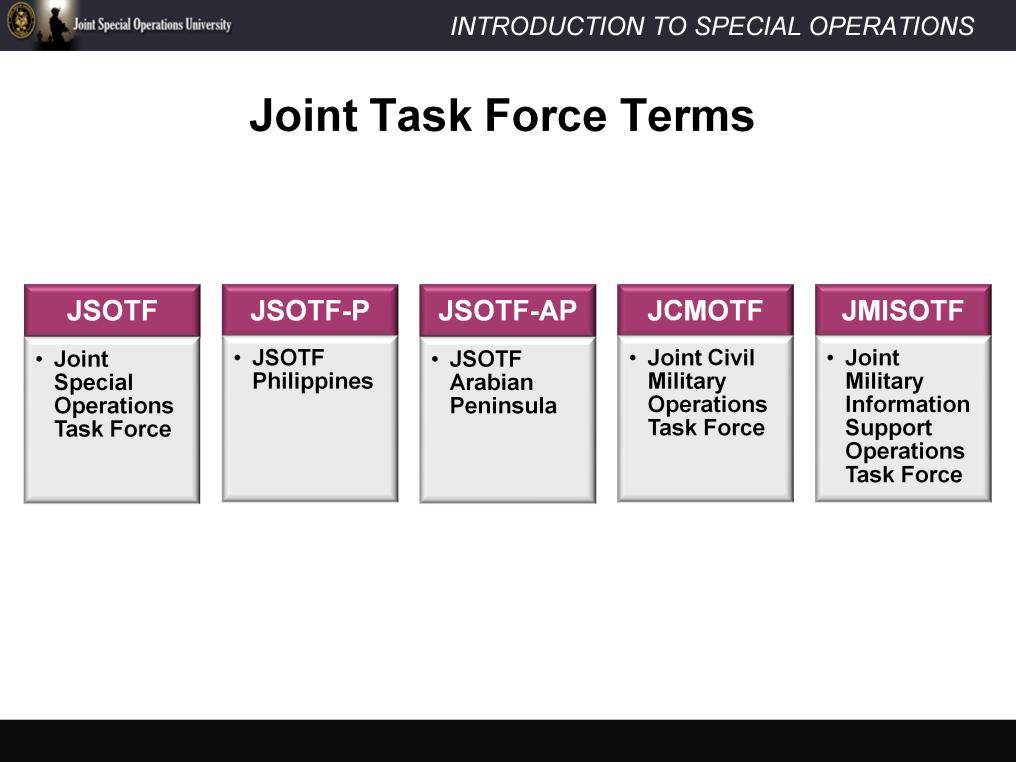In some cases the functional and /or the geographical basis of the JTF is evident in the name. For example a JSOTF is a Joint Special Operations Task Force. Even a JSOTF can be further defined.