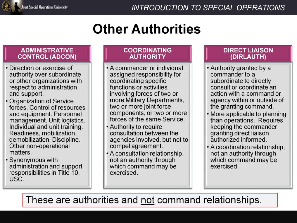 Other authorities in Joint Doctrine include Administrative Control (ADCON), coordinating authority and Direct Liaison (DIRLAUTH).