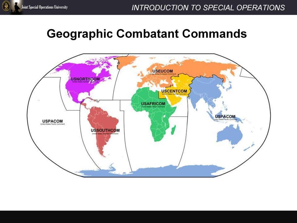 There are currently nine Unified Combatant Commands. Six have been established based on geographic responsibilities and are referred to as Geographic Combatant Commands (GCCs).