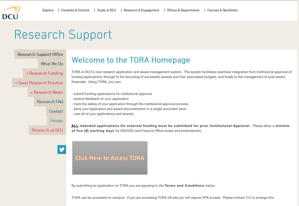 2. On the TORA Homepage, click on the Click Here to Access TORA link and you will be brought to the log in screen.