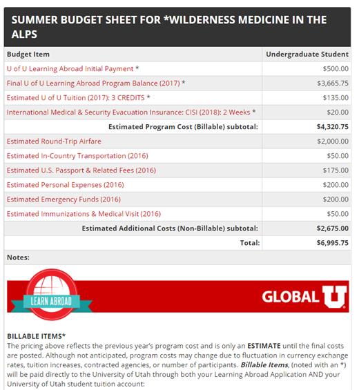 University of Utah - Terra Dotta Budget sheets for U of U