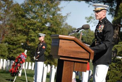 Marine Brigadier General James M. Lariviere speaks to a crowd of about 100 gathered Oct.