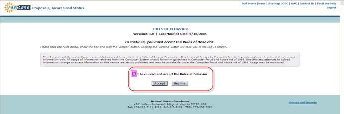To continue, you must read the Rules of Behavior as shown in the dialog