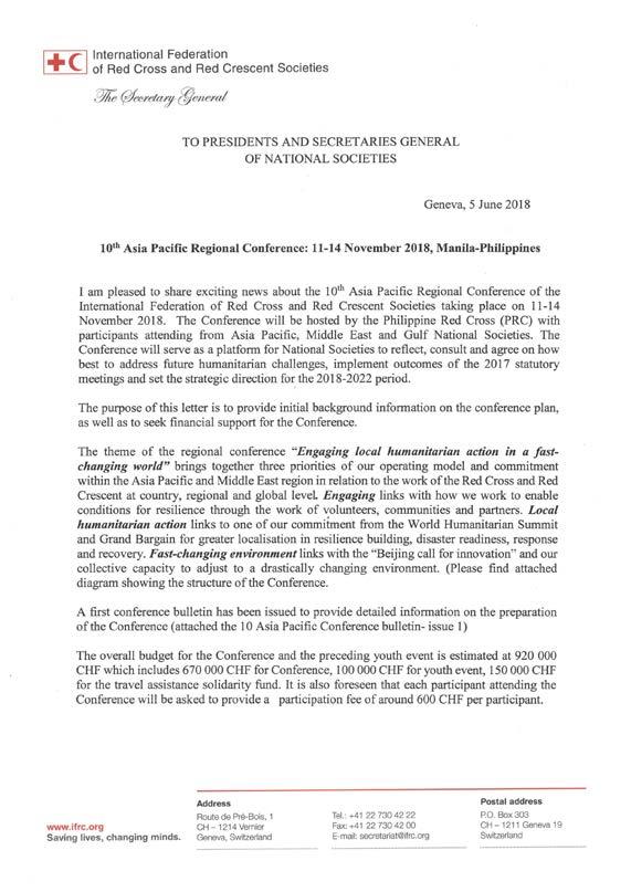 Asia Pacific Regional Conference Manila 2018 06 Letter from Elhadj As Sy, Secretary General of the International Federation of Red Cross and Red Crescent Societies On 5 June 2018, the IFRC Secretary