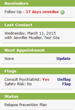 Reminders: Appear if the patient is overdue to be seen. The same reminders appear on the Reminders page. Last Contact: Information about the most recent Contact Note entered for the patient.