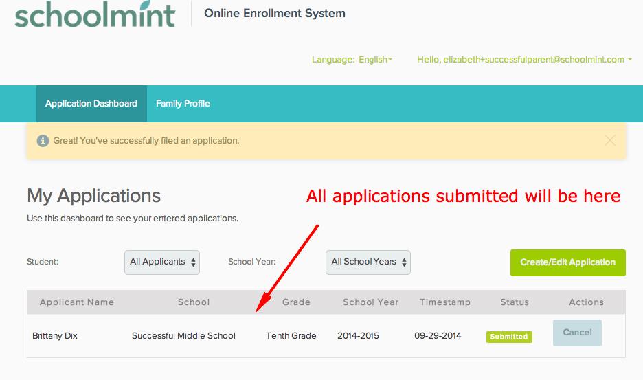 A confirmation message will appear for you to confirm the school(s) you are applying to. Press Cancel to continue editing, or Submit to finalize the application s submission.