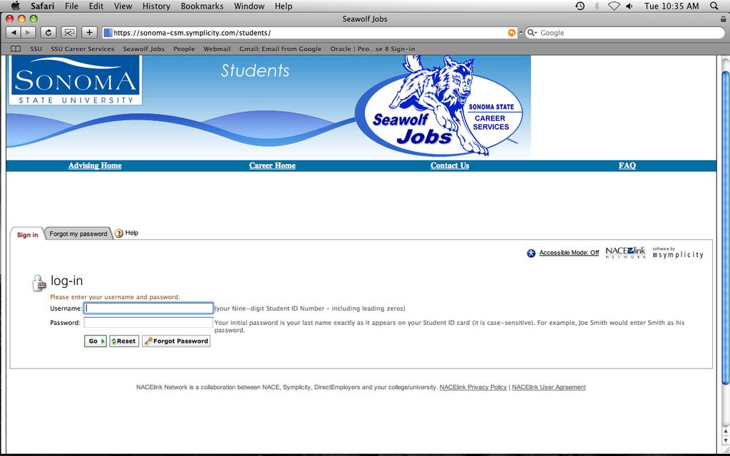 SONOMA STATE UNIVERSITY CAREER SERVICES A. How to Log In B. Register with Seawolf Jobs C. Navigation Bar D. Navigating the Homepage E. Create a Personal Profile F. Manage Resumes/Cover Letters G.
