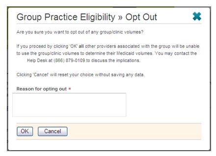 members of the group may still qualify using their own volume. Clicking this radio button opens the Group Practice Eligibility >> Opt Out window. 1.