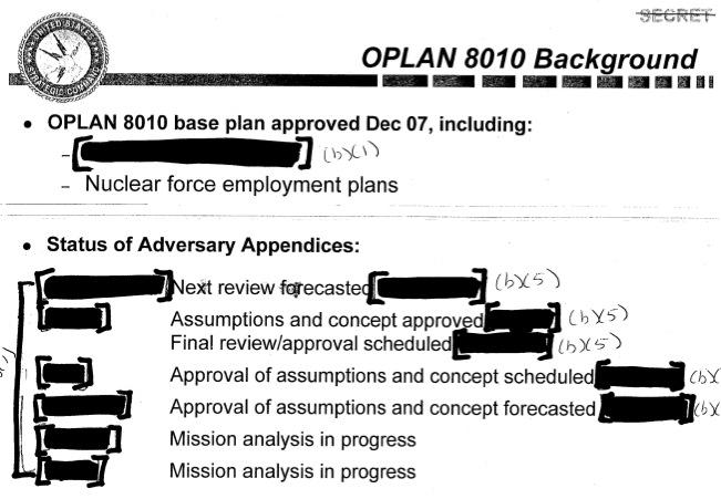 Effect of Proliferators on Nuclear Doctrine OPLAN 8010 first entered into effect on October 1, 2008. Current version (Change 1) from February 2009. Strategic war plan; replacing SIOP and OPLAN 8044.