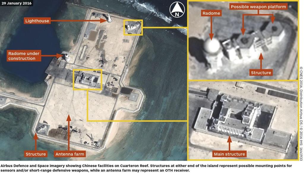 Airbus Defence and Space imagery showing Chinese facilities on Cuarteron Reef.