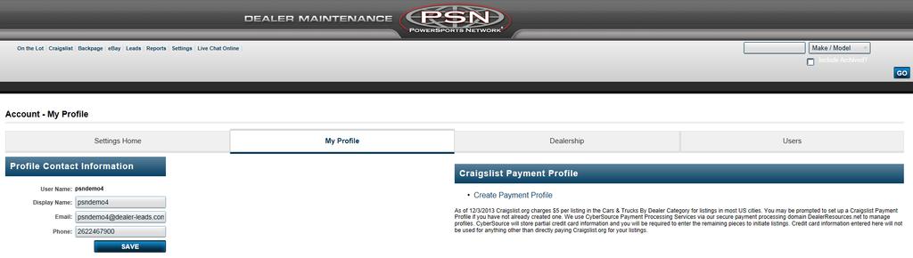 Dealer can set-up Craigslist Payment Profile within