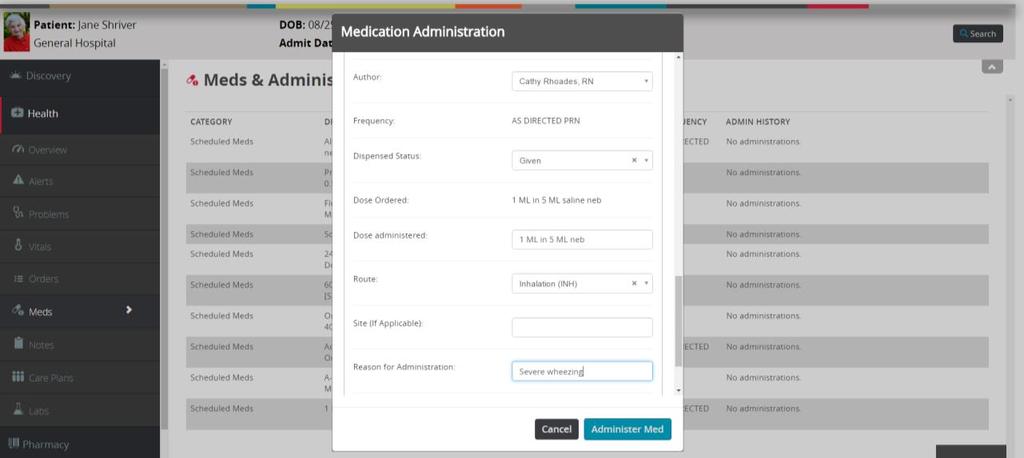 The Admin History column of the Meds tab will now display the administration