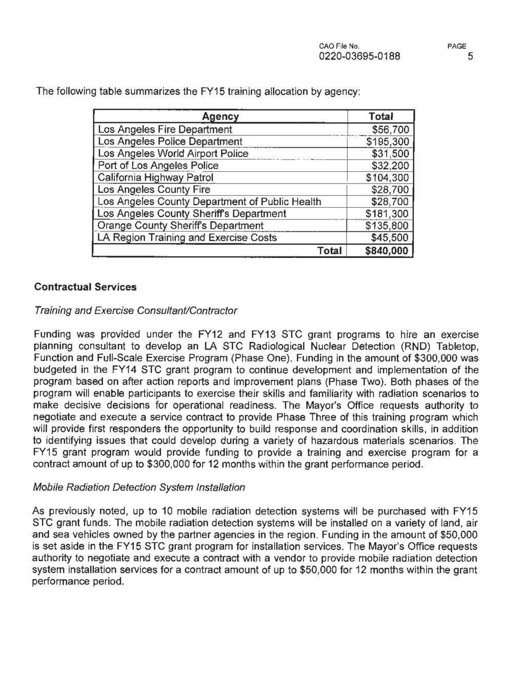0220-03695-0188 5 The following table summarizes the FY15 training allocation by agency: Agency Los Angeles Fire Department Los Angeles Police Department Los Angeles World Airport Police Port of Los
