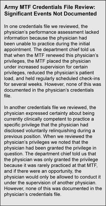 an MTF s consideration of NPDB query results. 49 The responsible Army Medical Command official acknowledged that their expectations may not be consistent with what MTFs are doing.