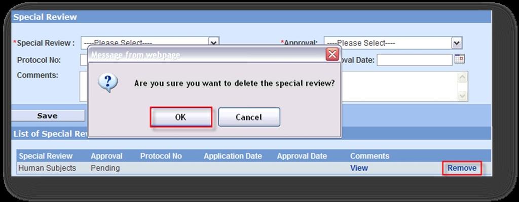 6. Click the Save button. NOTE: If your proposal requires more than one special review, click the button to the right of the Special Review field and repeat the procedure.