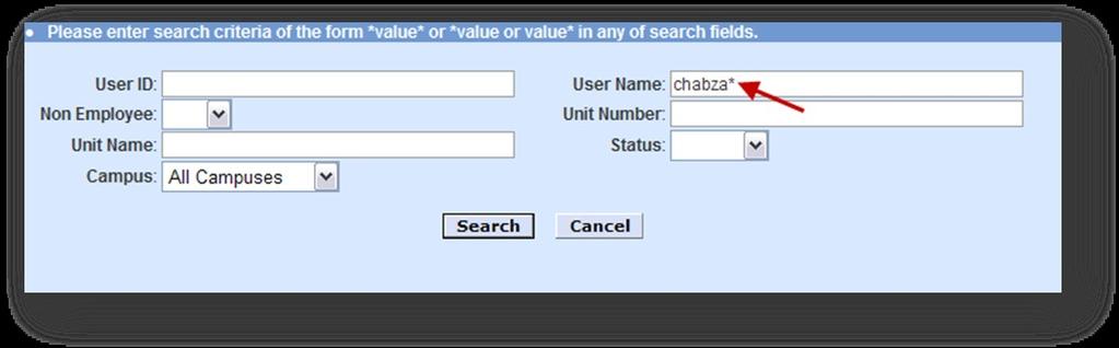 3. Complete one or more search criteria, then click Search. Select the correct name from the search results.