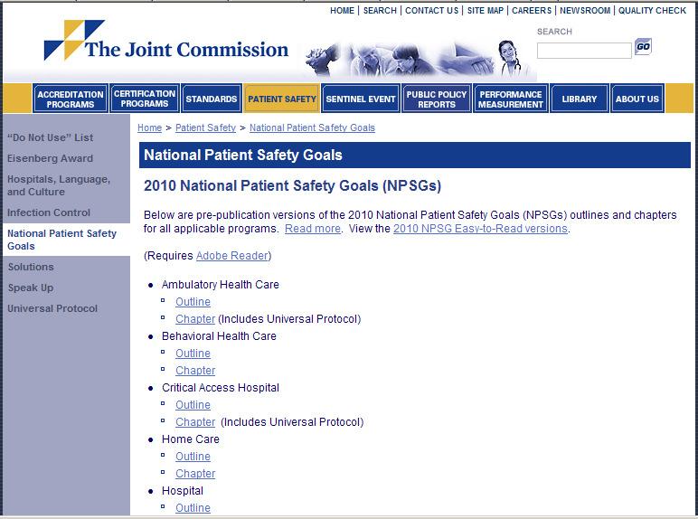 National Patient Safety Goals National Patient Safety Goals and their requirements are a series of specific actions that organizations are expected to take in order to prevent medical errors such as