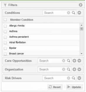 Management: Advanced Advanced Condition The Advanced let you filter by: 1. Conditions 2. Risk Drivers 3. Visit Types 4. Care Opportunities 5.