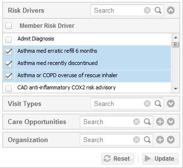 Management Advanced Risk Driver To search for risk driver filters, type the risk driver into the Search field or expand the filter list under the Risk Drivers header using the