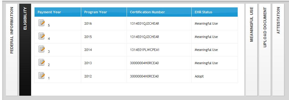 emipp: Eligibility Tab Shows payment/program years for EP Click the icon for the program year