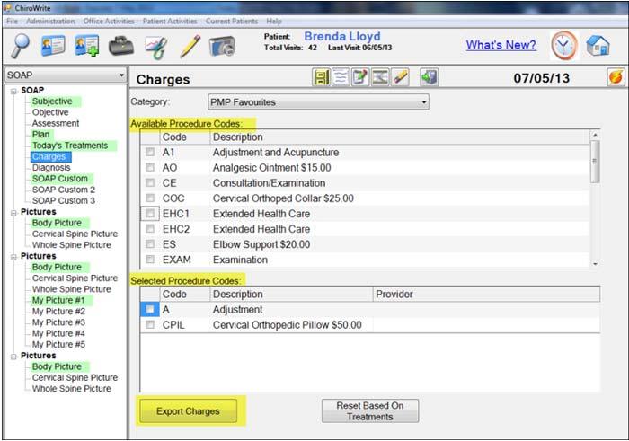 Charges Once the PMP Fee schedule has been sent to ChiroWrite you have the ability to apply charges by selecting fee schedule items in Charges located directly under Today s Treatment in the SOAP