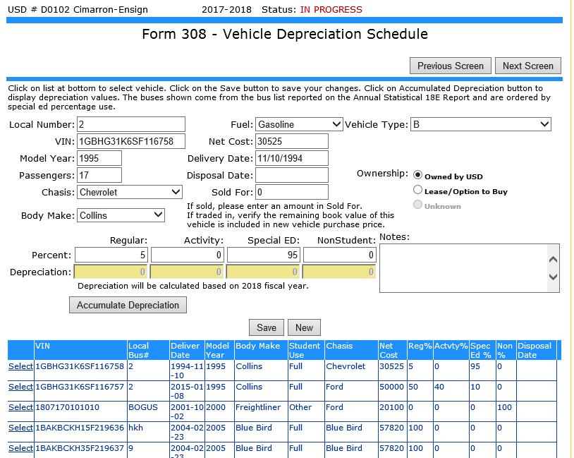 ALL VEHICLES (including special education vehicles, regular route and activity vehicles) owned by the district for pupil transportation must be entered on the Vehicle Depreciation Schedule screen.