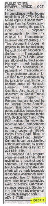3. On October 13, 2013, another ad was run providing notice and opportunity to comment on the final projects that were being recommended for adoption into the TIP.